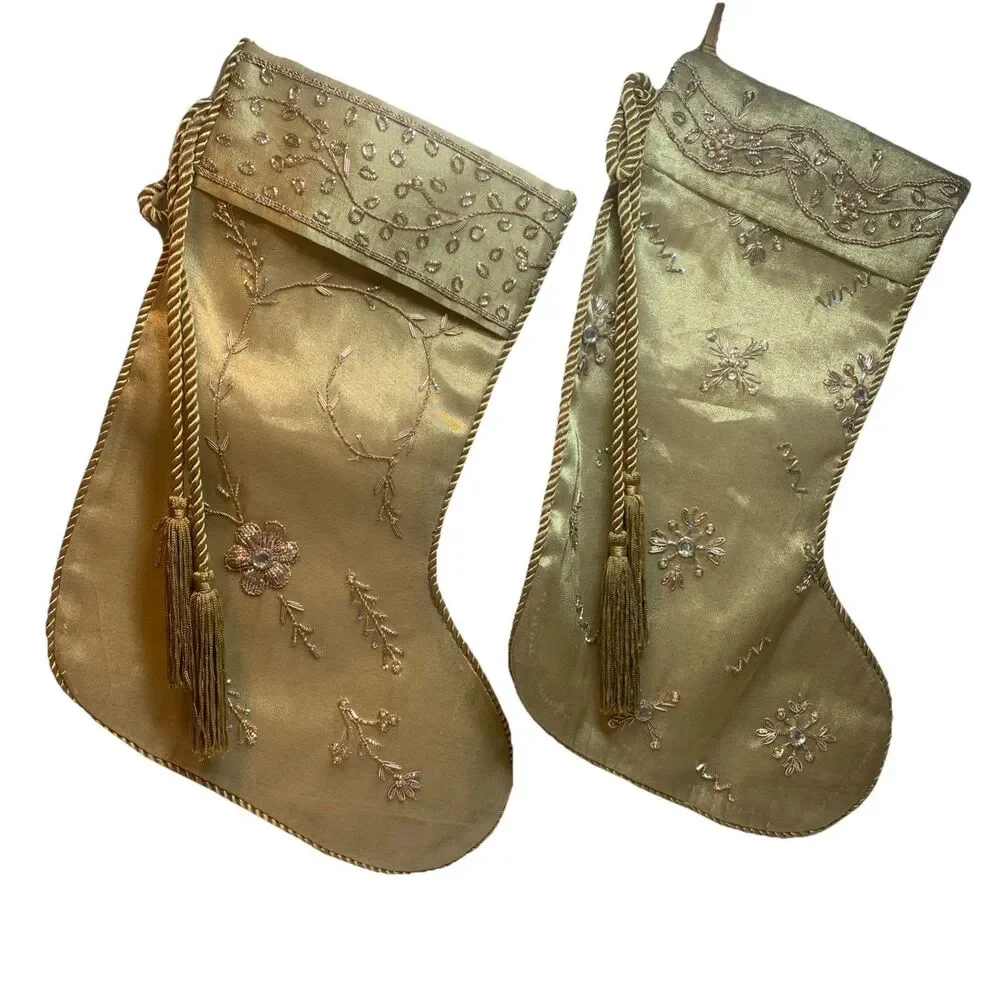 Christmas Stockings Gold Bead Embroidered Pair Holiday Decorations Presents